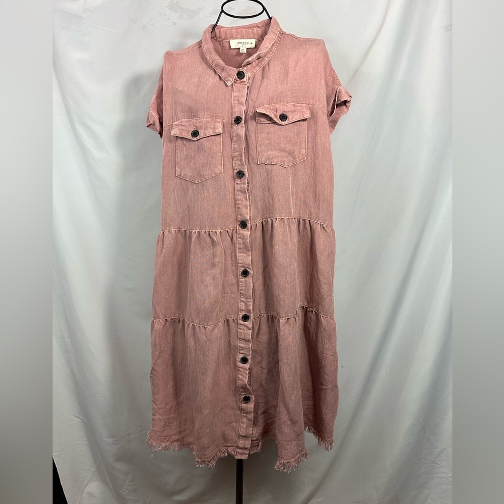 Umgee chambray light pink distressed hem button down mini dress size 1XL